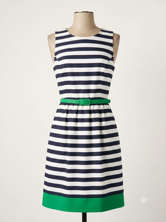 Eliza J Dresses & Skirts - Eliza J Navy and White Striped Midi Dress with Green Belt